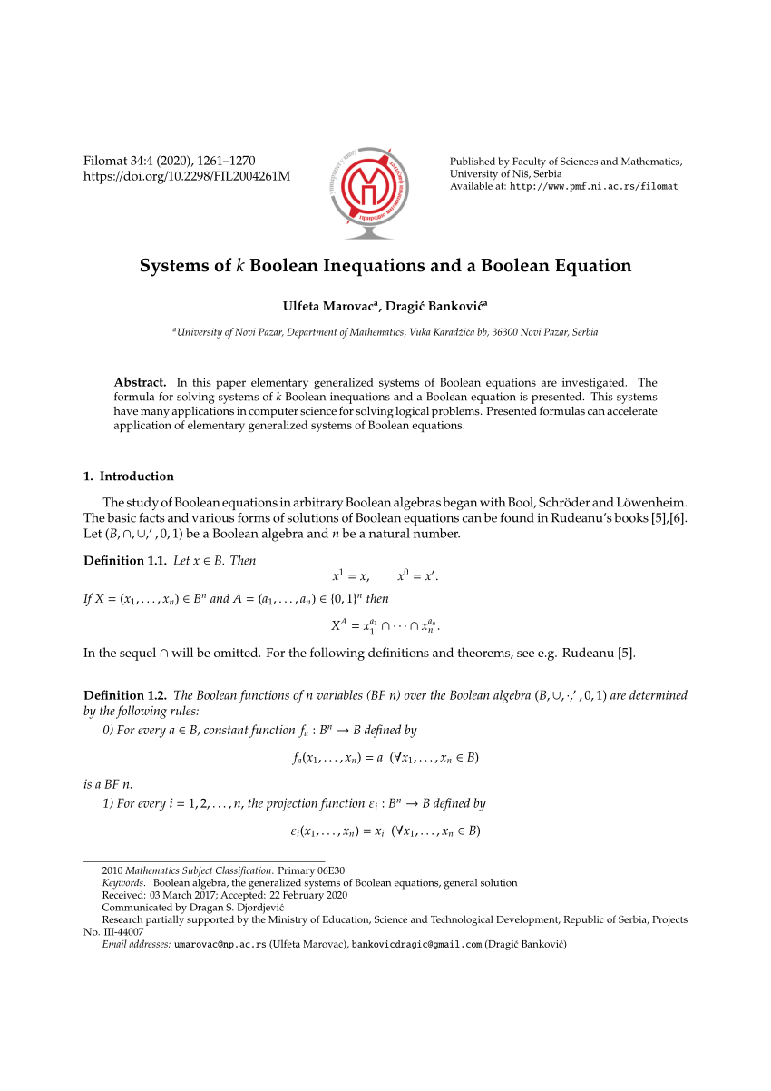 Pdf Systems Of K Boolean Inequations And A Boolean Equation