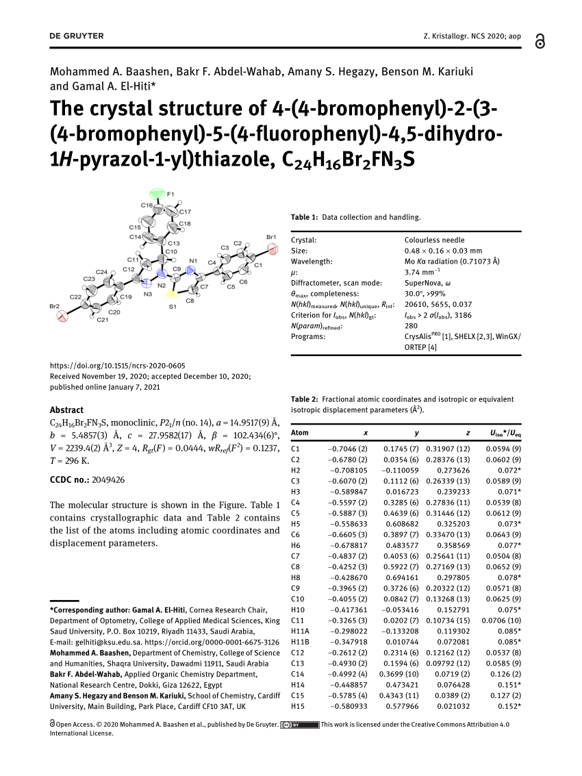 Pdf The Crystal Structure Of 4 4 Bromophenyl 2 3 4 Bromophenyl 5 4 Fluorophenyl 4 5 Dihydro 1h Pyrazol 1 Yl Thiazole C24h16br2fn3s