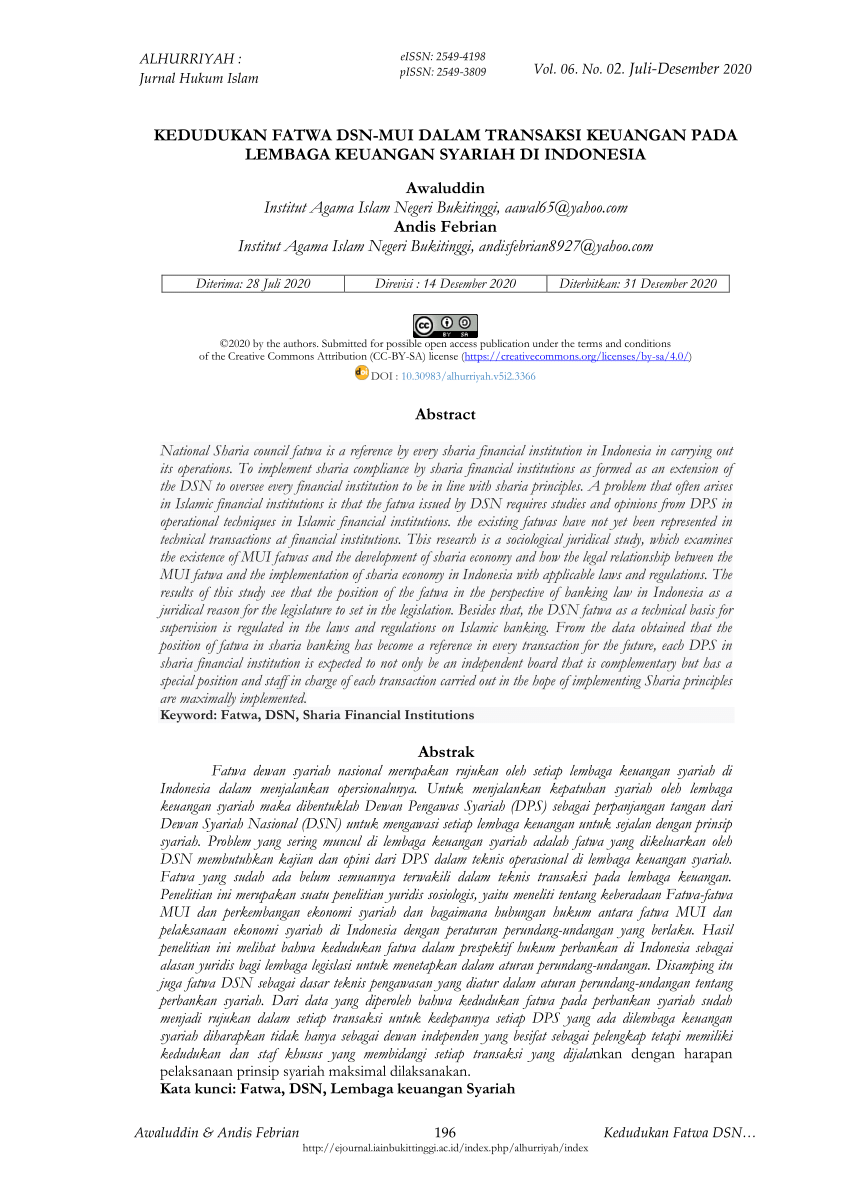 (PDF) Kedudukan Fatwa DSN-MUI dalam Transaksi Keuangan pada Lembaga