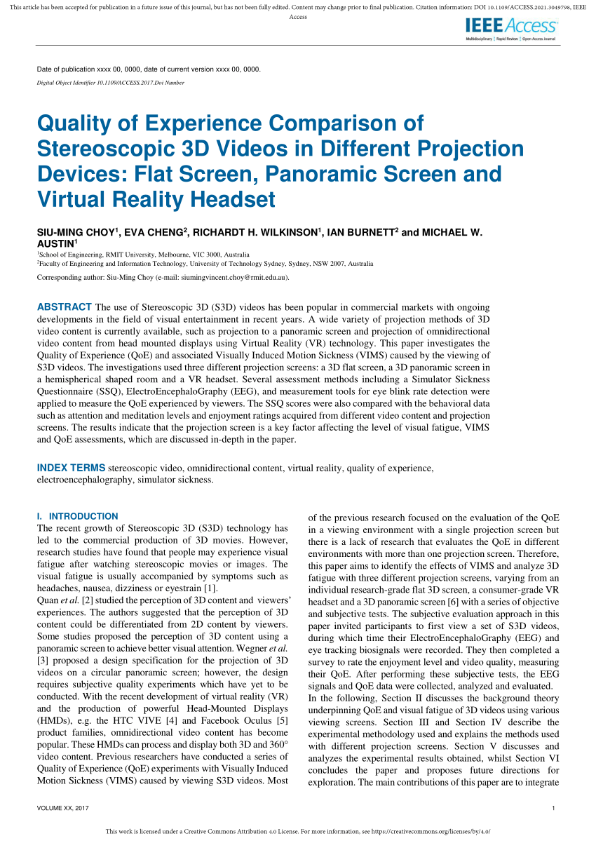 Pdf Quality Of Experience Comparison Of Stereoscopic 3d Videos In Different Projection Devices Flat Screen Panoramic Screen And Virtual Reality Headset