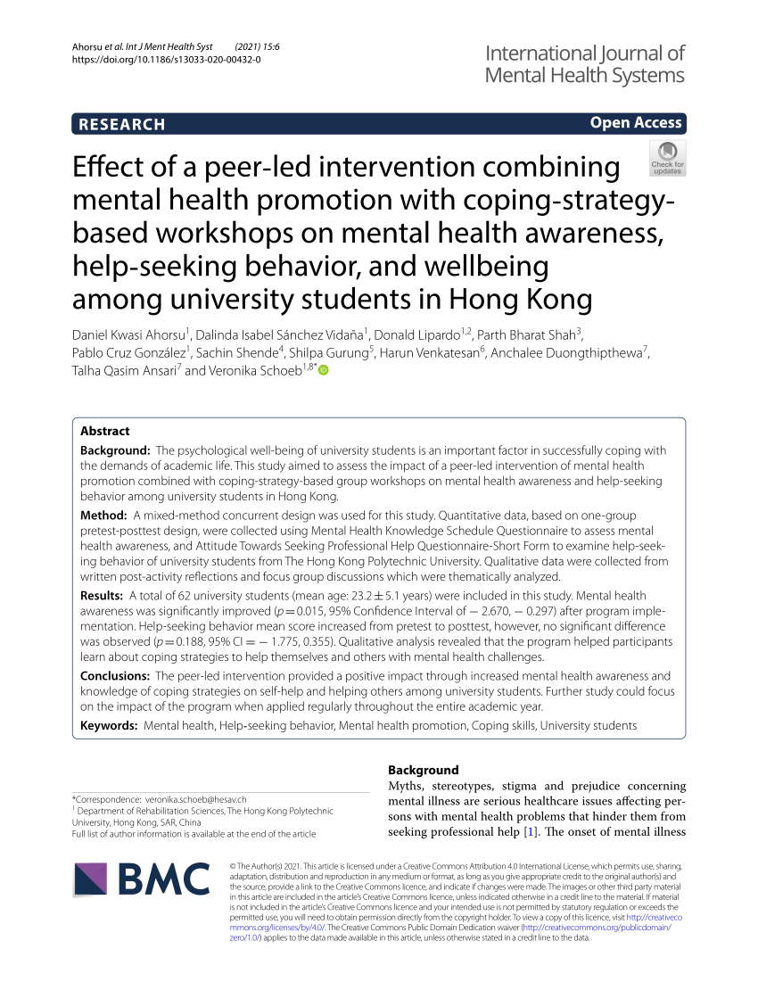 Accessible mental well-being intervention for adolescents in school  settings: a single-group intervention study using a pretest–post-test  design, Child and Adolescent Psychiatry and Mental Health