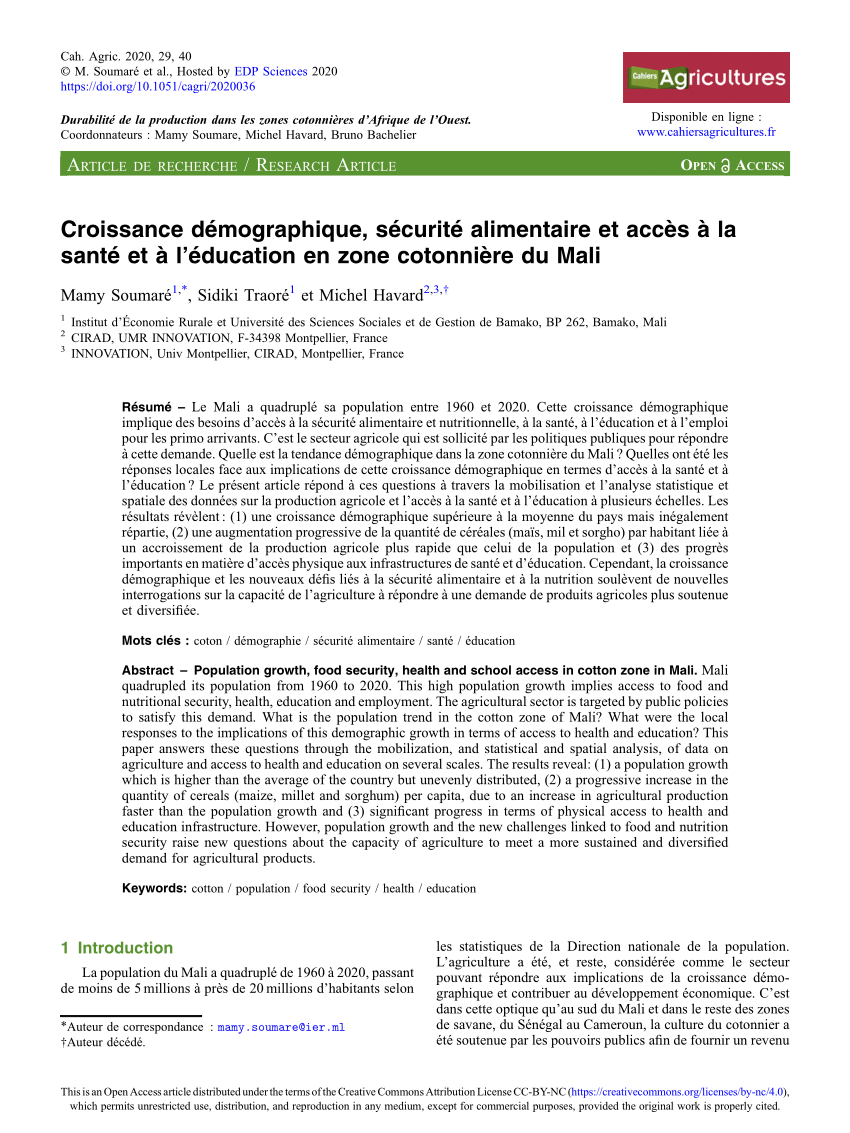 Pdf Croissance Demographique Securite Alimentaire Et Acces A La Sante Et A L Education En Zone Cotonniere Du Mali