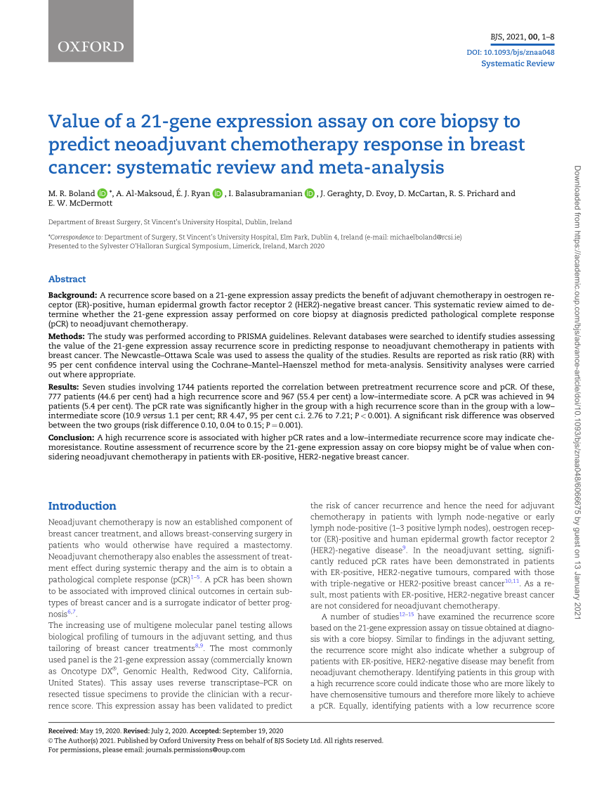Pdf Value Of A 21 Gene Expression Assay On Core Biopsy To Predict Neoadjuvant Chemotherapy Response In Breast Cancer Systematic Review And Meta Analysis