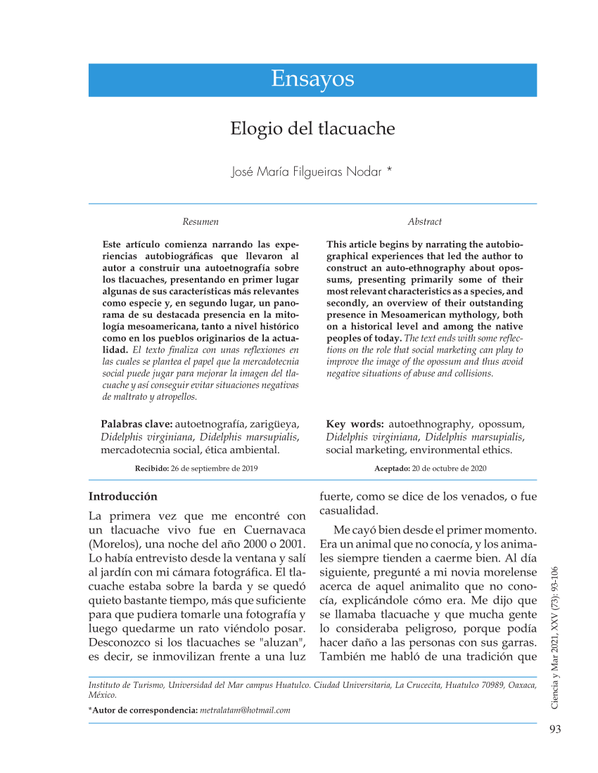 PDF) Elogio del tlacuache - Ciencia y Mar, 25(73)