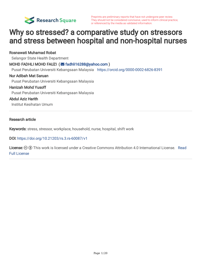 Pdf Why So Stressed A Comparative Study On Stressors And Stress Between Hospital And Non Hospital Nurses