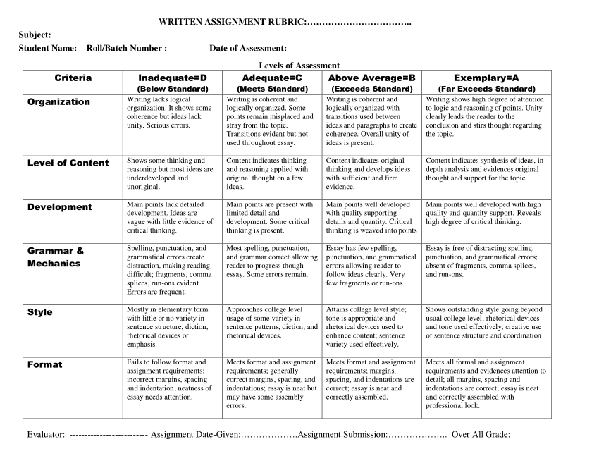 rubric for writing assignment pdf