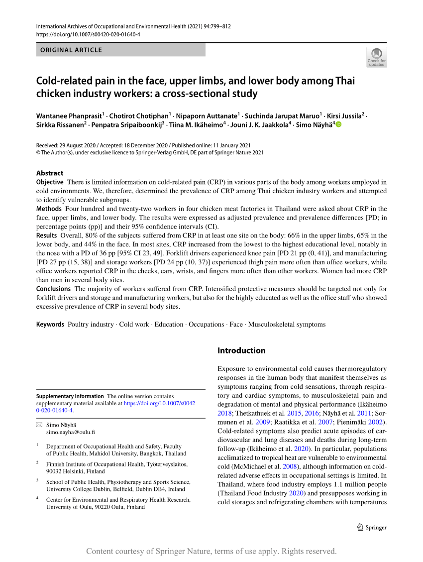 Cold related pain in the face upper limbs and lower body among  