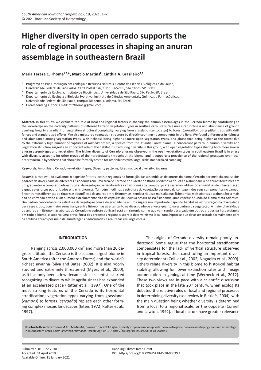 Pdf Higher Diversity In Open Cerrado Supports The Role Of Regional Processes In Shaping An Anuran Assemblage In Southeastern Brazil