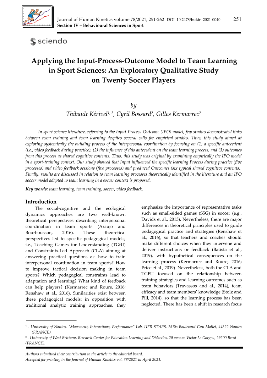 pdf applying the input process outcome model to team learning in sport sciences an exploratory qualitative study on twenty soccer players