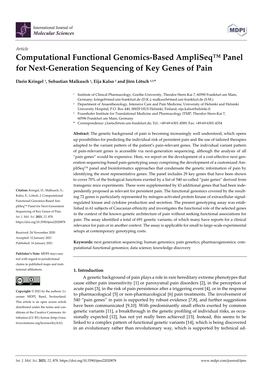 Frontiers  Development of an AmpliSeqTM Panel for Next-Generation  Sequencing of a Set of Genetic Predictors of Persisting Pain