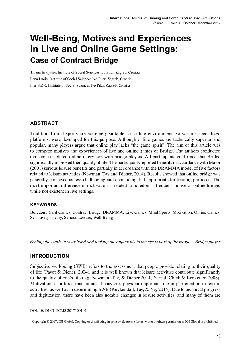 PDF) Well-Being, Motives and Experiences in Live and Online Game Settings Case of Contract Bridge