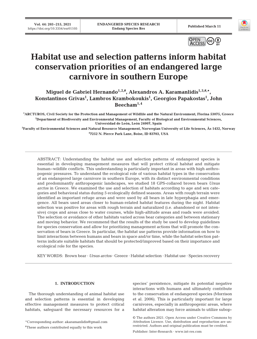 PDF) Habitat use and selection patterns inform habitat conservation  priorities of an endangered large carnivore in southern Europe