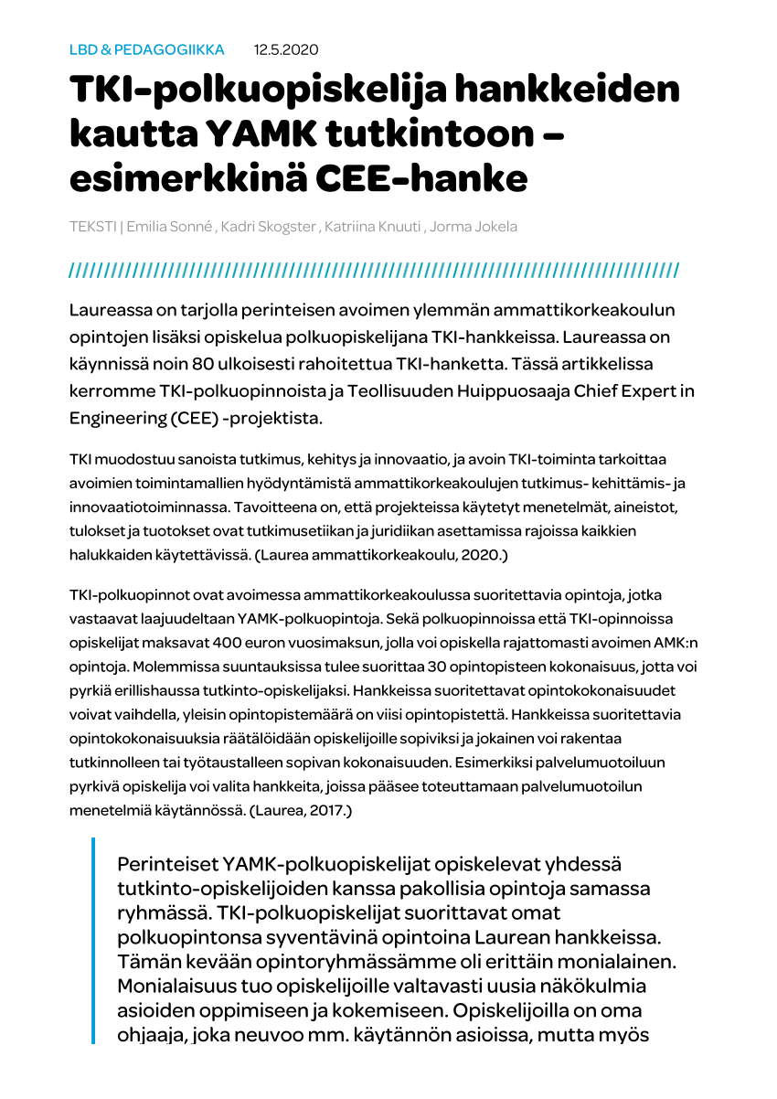 PDF) TKI-polkuopiskelija hankkeiden kautta YAMK tutkintoon - esimerkkinä  CEE-hanke