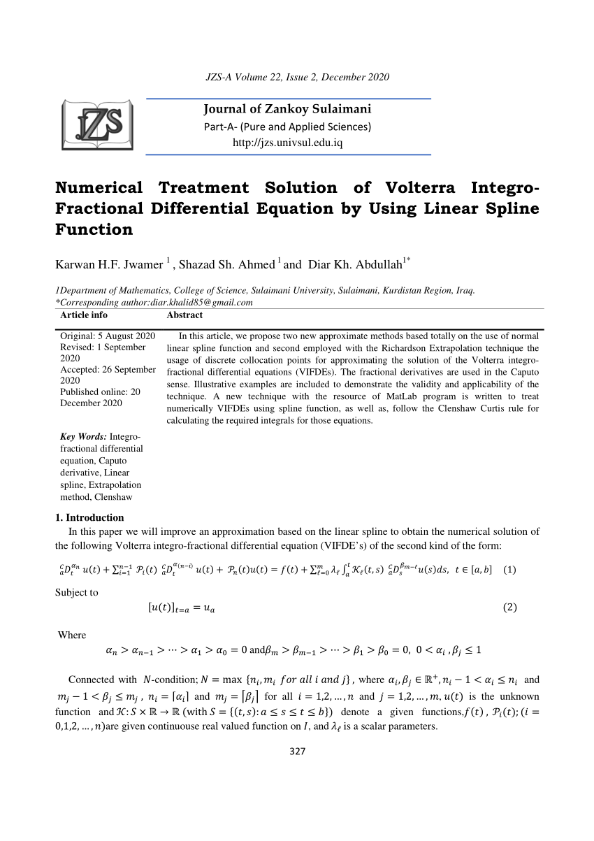 Pdf Numerical Treatment Solution Of Volterra Integro Fractional Differential Equation By Using Linear Spline Function