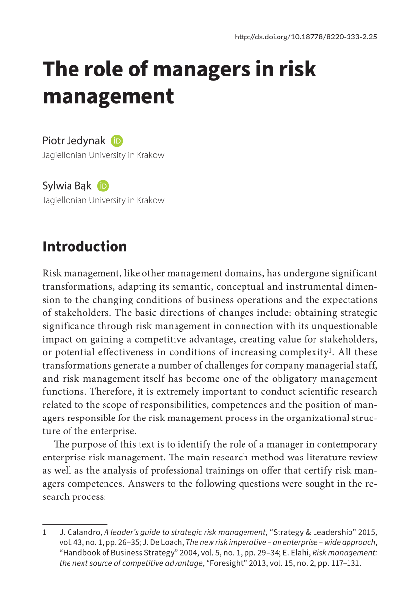 PDF) Studies to Understand The Importance of Risk Management in a