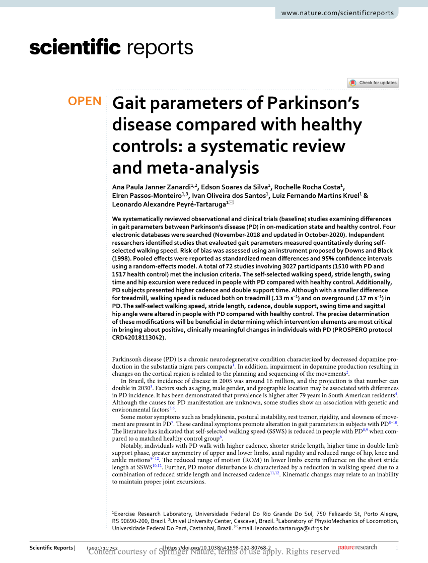 Pdf Gait Parameters Of Parkinson S Disease Compared With Healthy Controls A Systematic Review And Meta Analysis