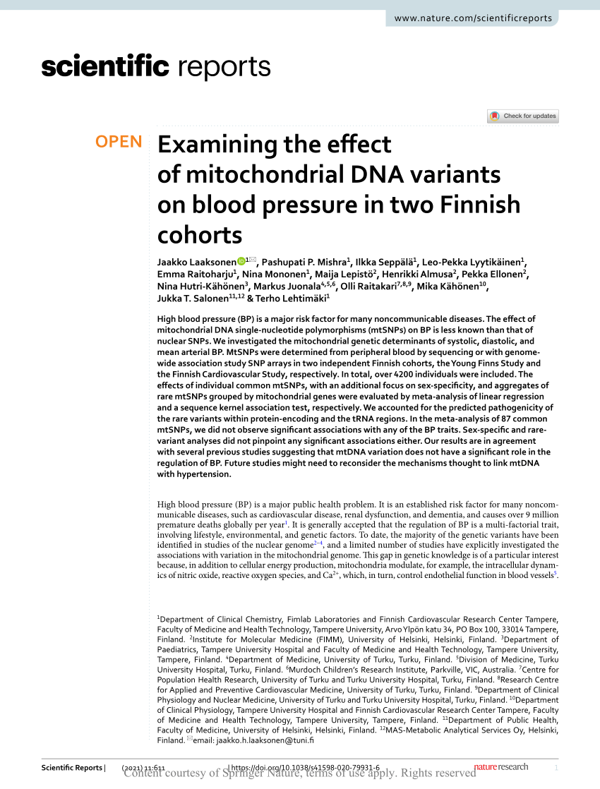 Pdf Examining The Effect Of Mitochondrial Dna Variants On Blood Pressure In Two Finnish Cohorts