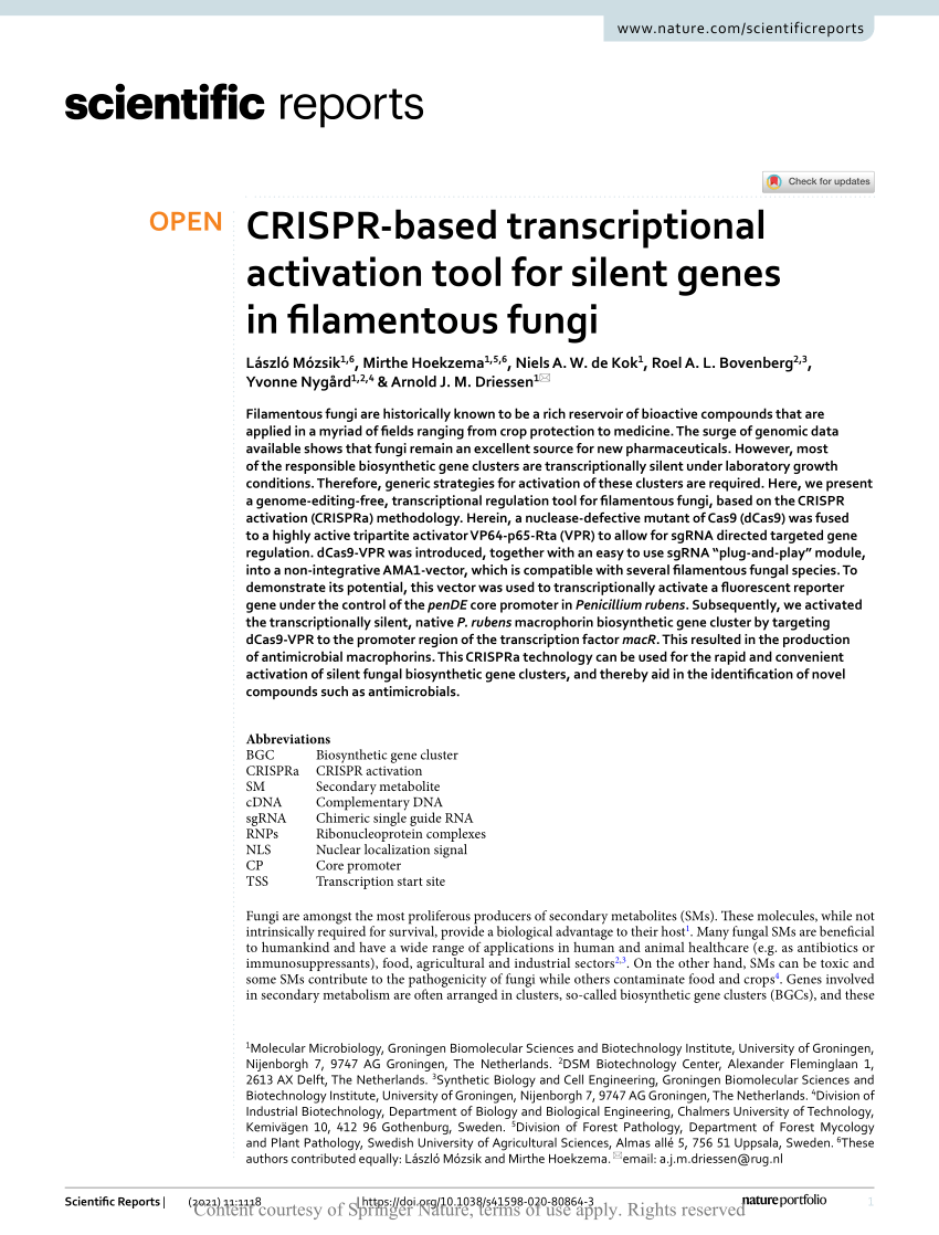 PDF) CRISPR-based transcriptional activation tool for silent genes in  filamentous fungi