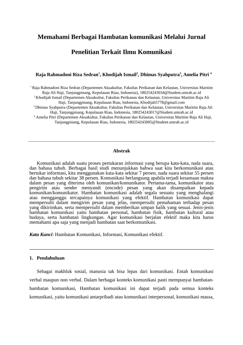 Pdf Memahami Berbagai Hambatan Komunikasi Melalui Jurnal Penelitian Terkait Ilmu Komunikasi