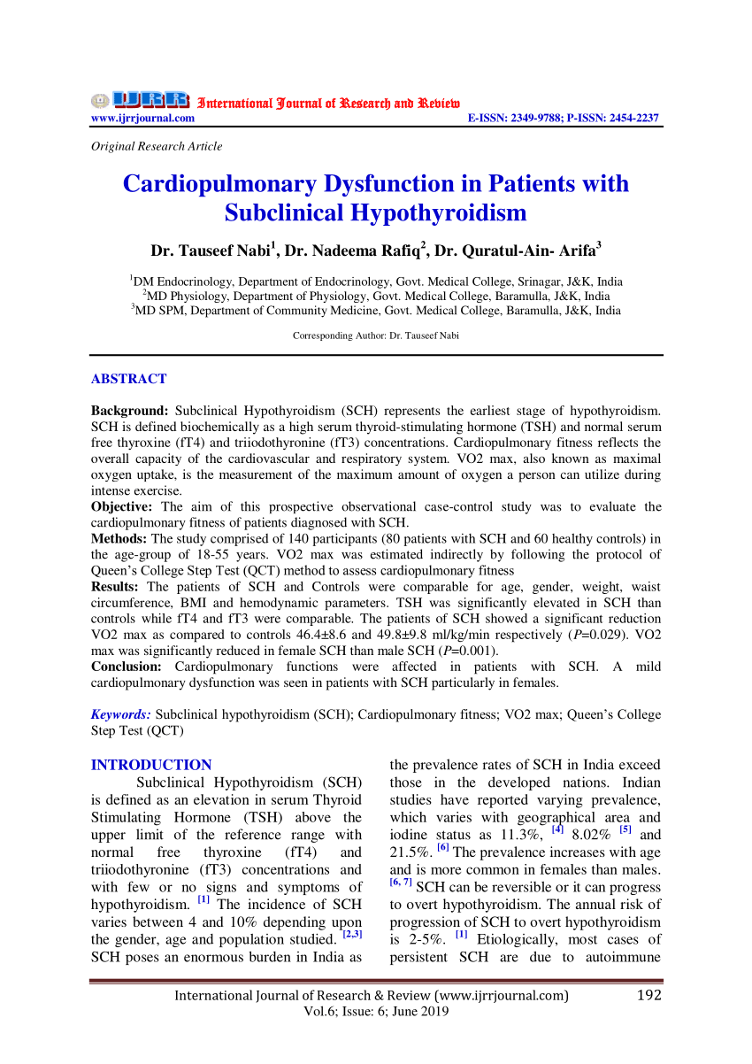 PDF) Cardiopulmonary in with Subclinical Hypothyroidism