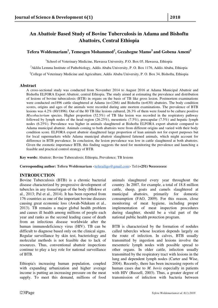 (PDF) An Abattoir Based Study of Bovine Tuberculosis in Adama and ...