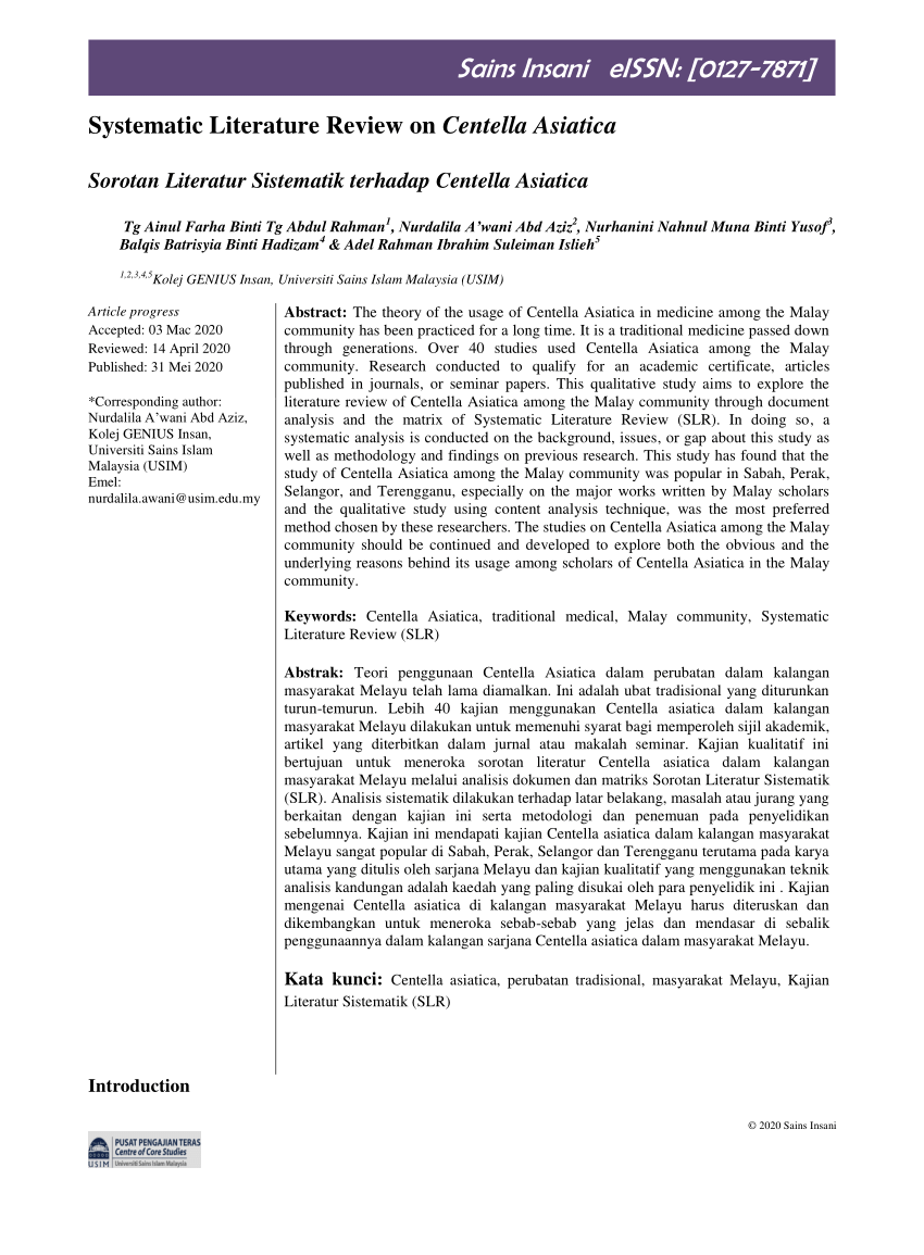 Pdf Sains Insani Eissn 0127 7871 Systematic Literature Review On Centella Asiatica Sorotan Literatur Sistematik Terhadap Centella Asiatica
