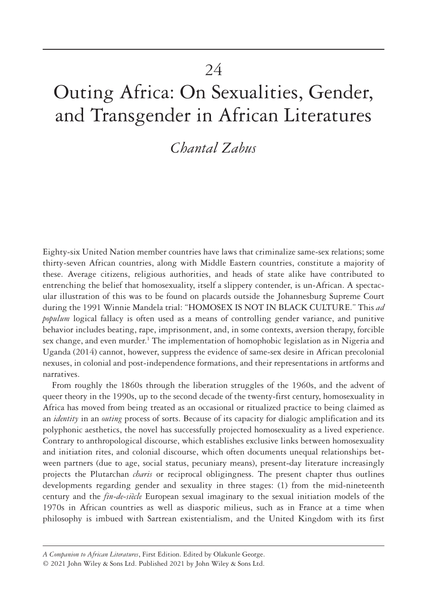 PDF) Outing Africa On Sexualities, Gender, and Transgender in African Literatures