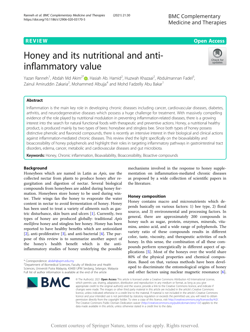 Pdf Honey And Its Nutritional And Anti Inflammatory Value