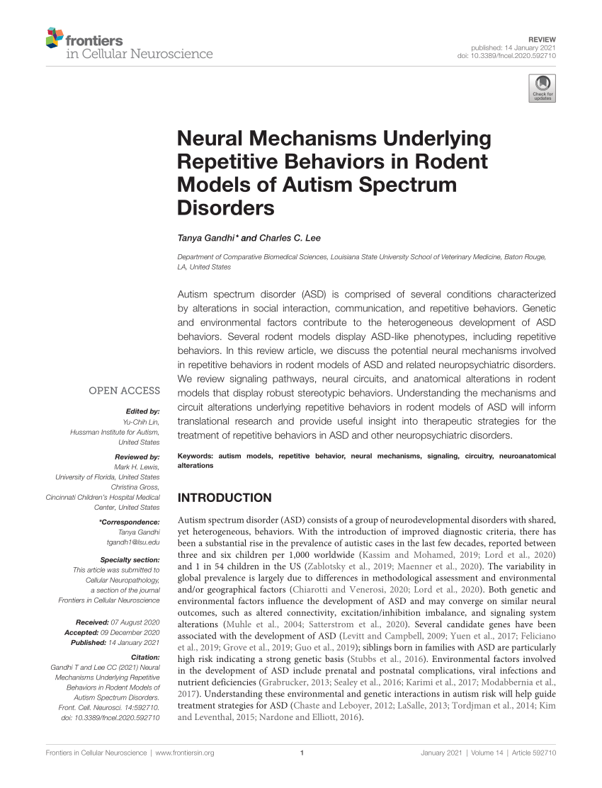 PDF) Neural Mechanisms Underlying Repetitive Behaviors in Rodent Models of  Autism Spectrum Disorders