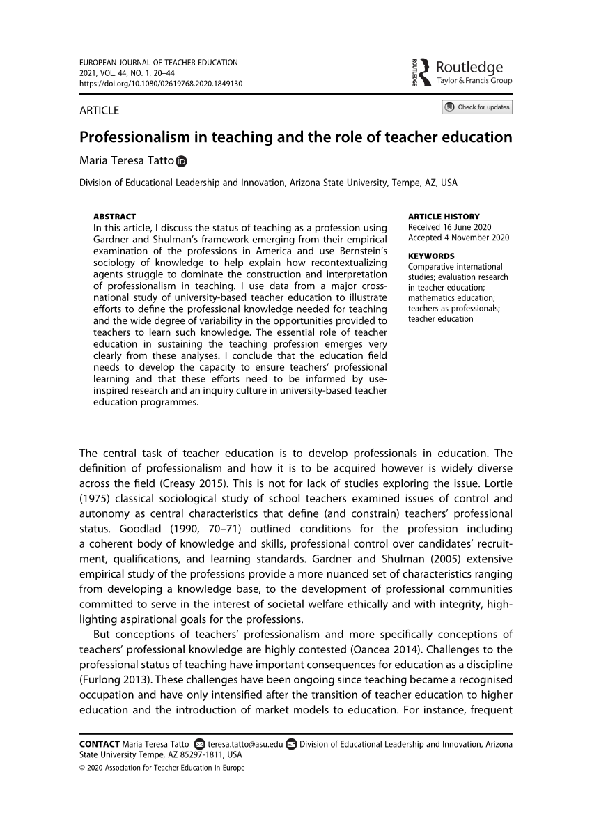 Pdf) Professionalism In Teaching And The Role Of Teacher Education