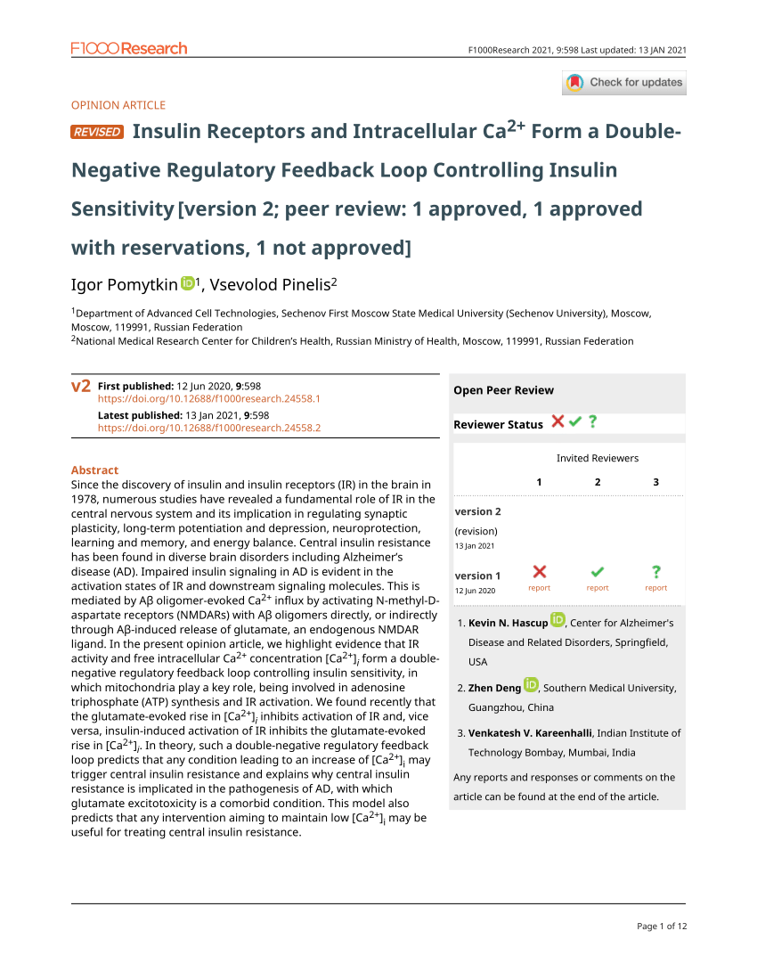 Pdf Insulin Receptors And Intracellular Ca2 Form A Double Negative Regulatory Feedback Loop 