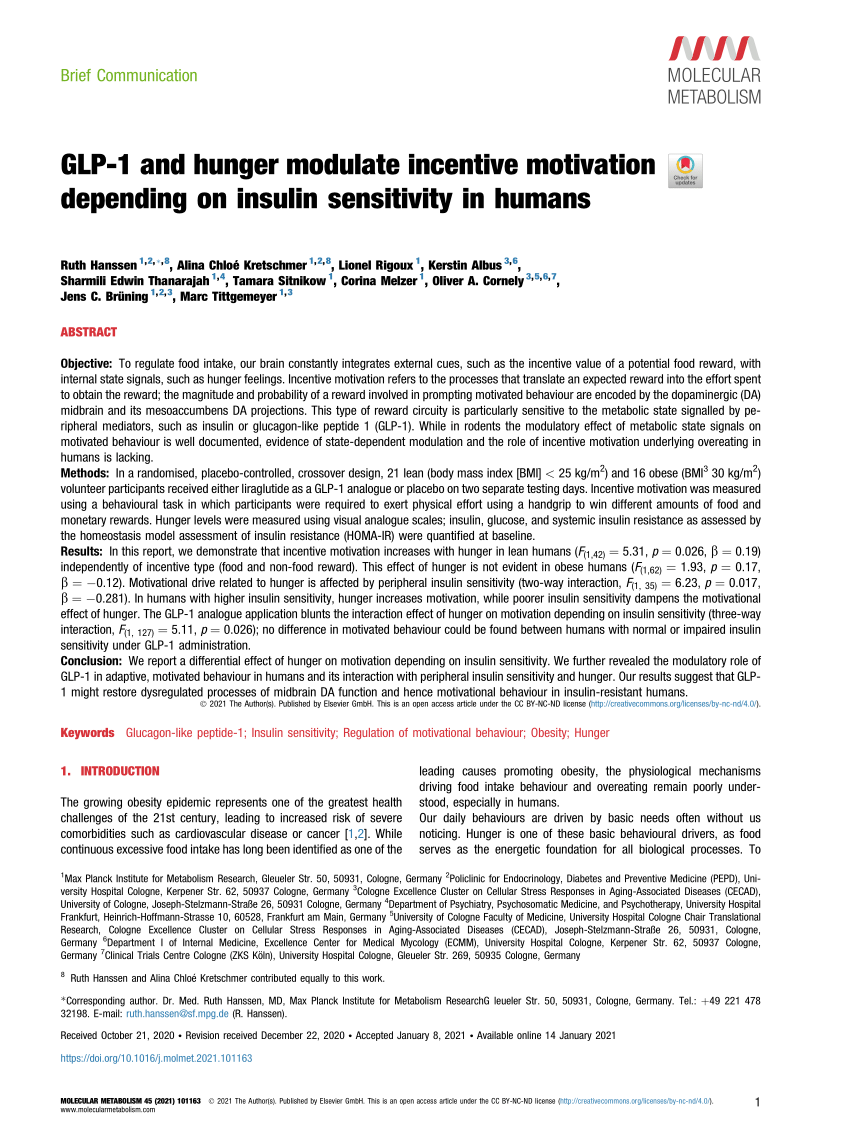Pdf Glp 1 And Hunger Modulate Incentive Motivation Depending On Insulin Sensitivity In Humans