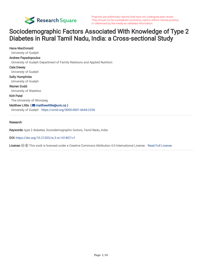 Pdf Sociodemographic Factors Associated With Knowledge Of Type 2 Diabetes In Rural Tamil Nadu India A Cross Sectional Study