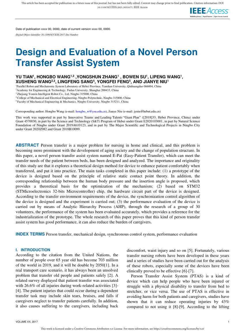 PDF) Design and Evaluation of a Novel Person Transfer Assist System