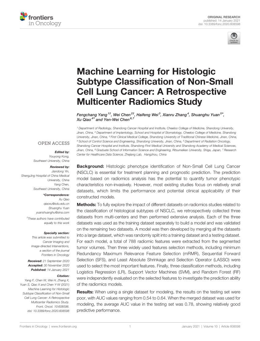 PDF) Machine Learning for Histologic Subtype Classification of Non-Small  Cell Lung Cancer: A Retrospective Multicenter Radiomics Study