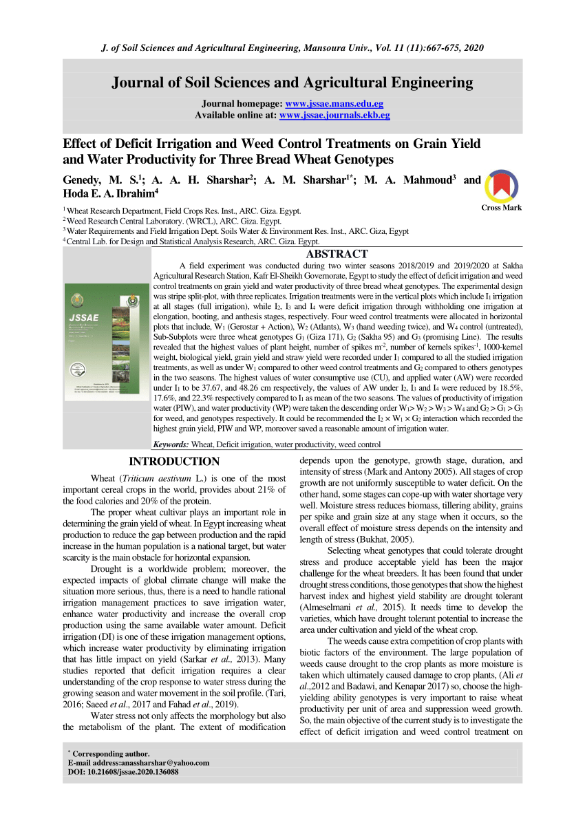 Pdf Effect Of Deficit Irrigation And Weed Control Treatments On Grain Yield And Water