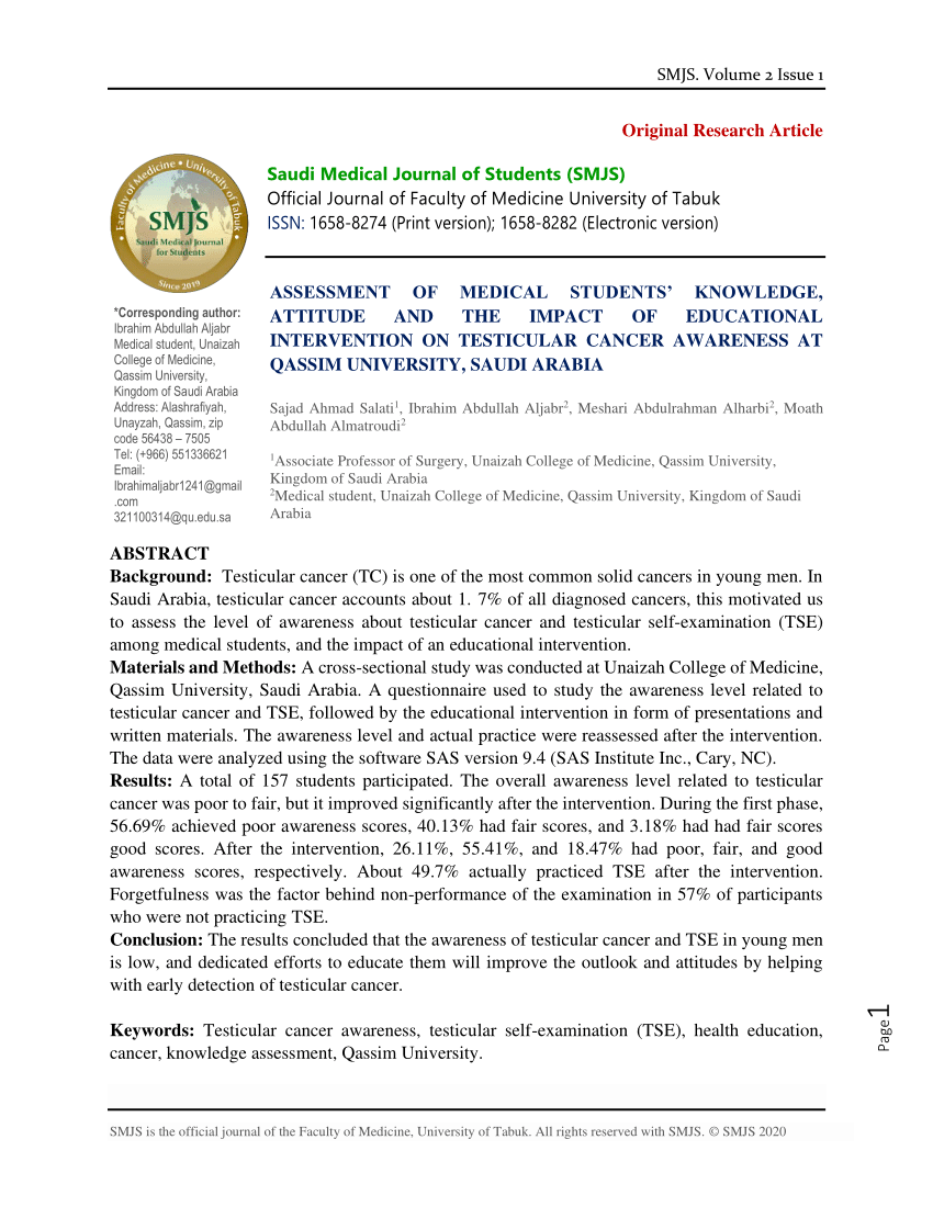 Pdf Assessment Of Medical Students Knowledge Attitude And The Impact Of Educational Intervention On Testicular Cancer Awareness At Qassim University Saudi Arabia