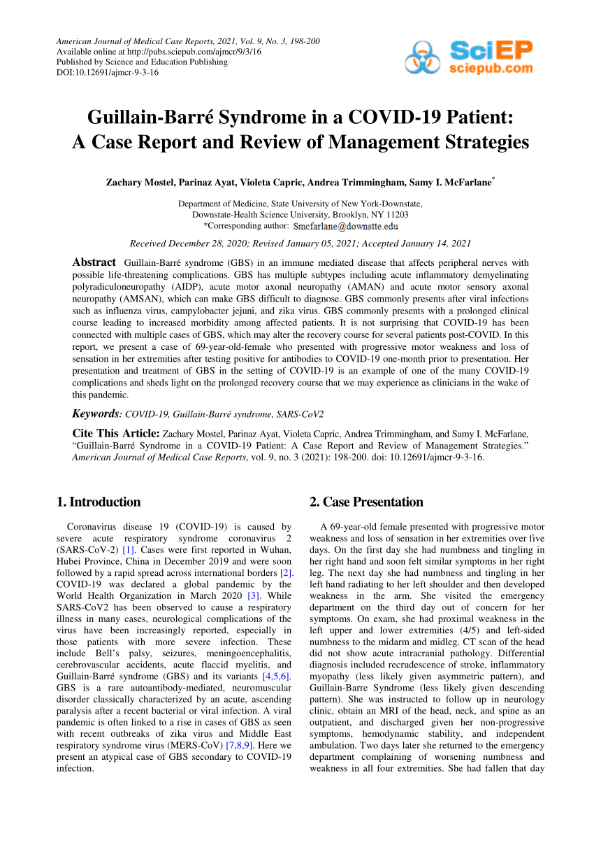 Pdf Guillain Barre Syndrome In A Covid 19 Patient A Case Report And Review Of Management Strategies