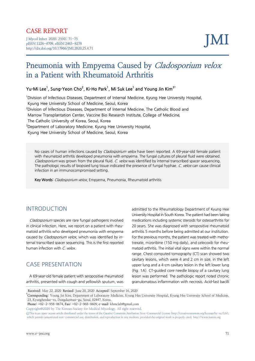 Pdf Pneumonia With Empyema Caused By Cladosporium Velox In A Patient With Rheumatoid Arthritis