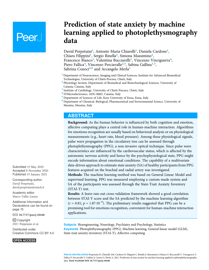 Pdf Prediction Of State Anxiety By Machine Learning Applied To Photoplethysmography Data