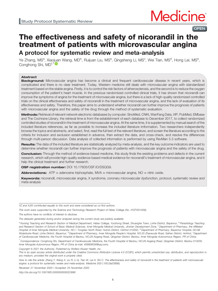 Pdf The Effectiveness And Safety Of Nicorandil In The Treatment Of Patients With Microvascular 