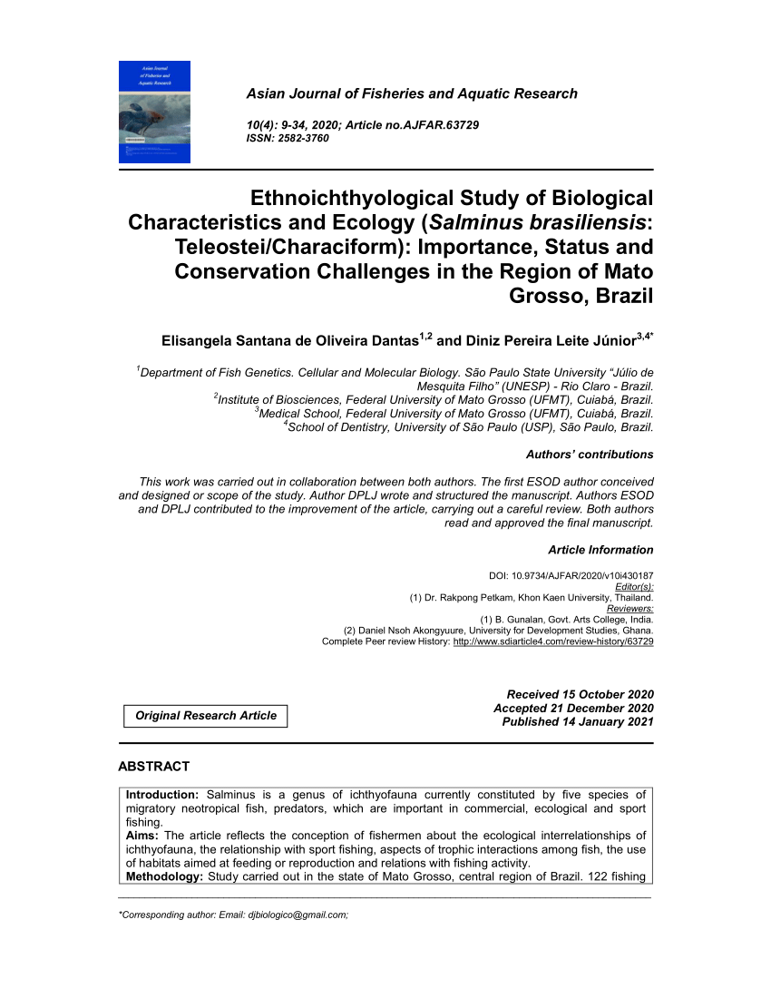 Pdf Ethnoichthyological Study Of Biological Characteristics And Ecology Salminus Brasiliensis Teleostei Characiform Importance Status And Conservation Challenges In The Region Of Mato Grosso Brazil