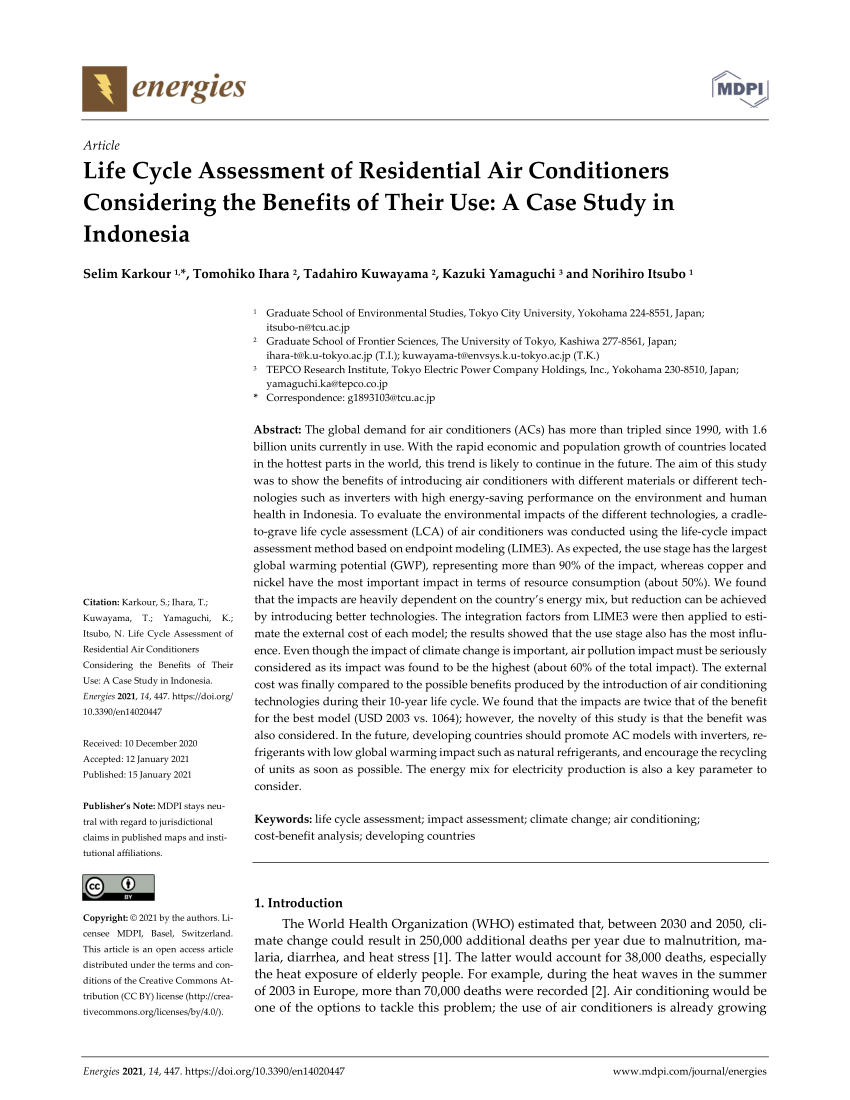 Pdf Life Cycle Assessment Of Residential Air Conditioners Considering The Benefits Of Their Use A Case Study In Indonesia