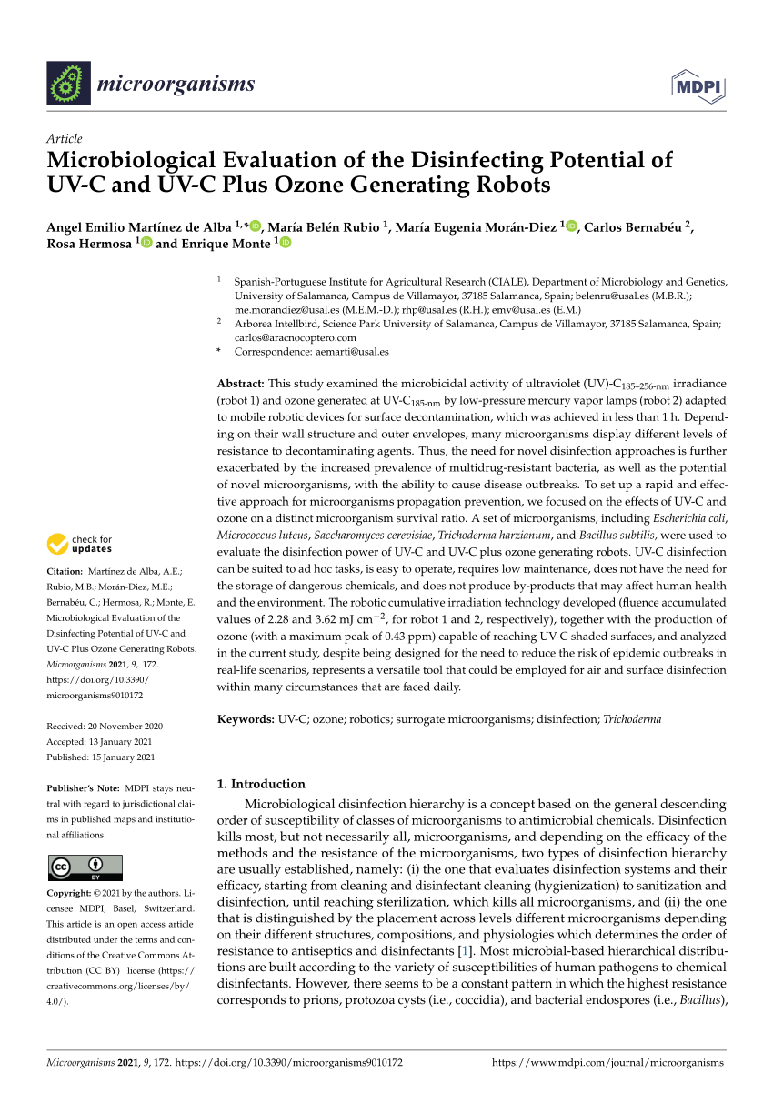 Pdf Microbiological Evaluation Of The Disinfecting Potential Of Uv C And Uv C Plus Ozone Generating Robots