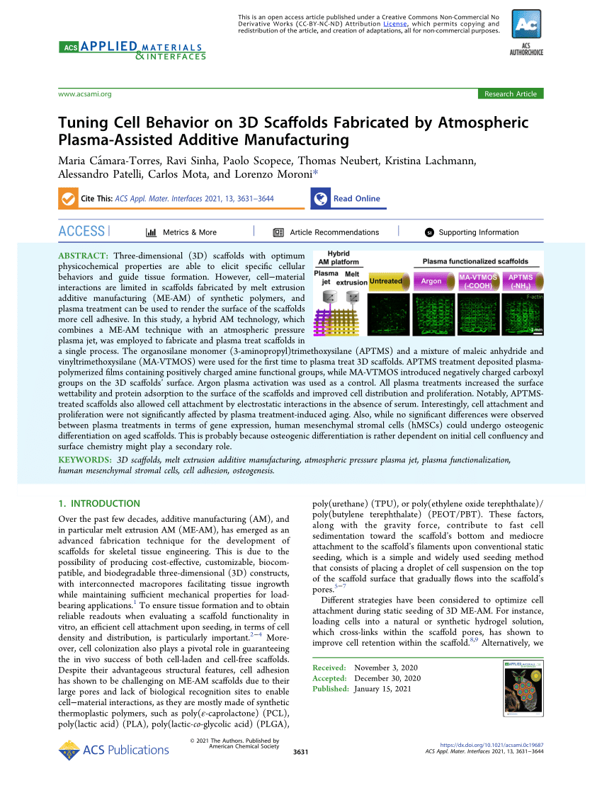 Tuning Cell Behavior on 3D Scaffolds Fabricated by Atmospheric
