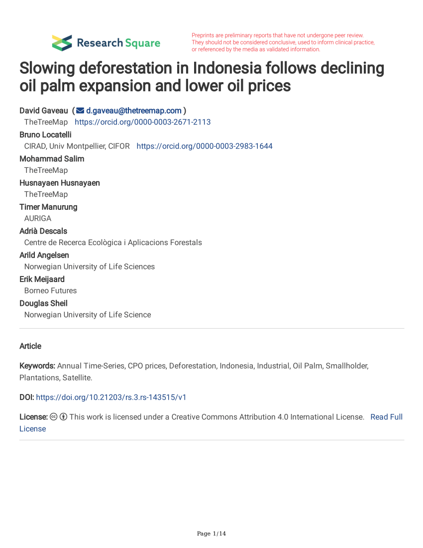 Pdf Slowing Deforestation In Indonesia Follows Declining Oil Palm Expansion And Lower Oil Prices