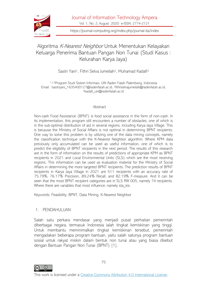 Pdf Algoritma K Nearest Neighbor Untuk Menentukan Kelayakan Keluarga Penerima Bantuan Pangan 7109