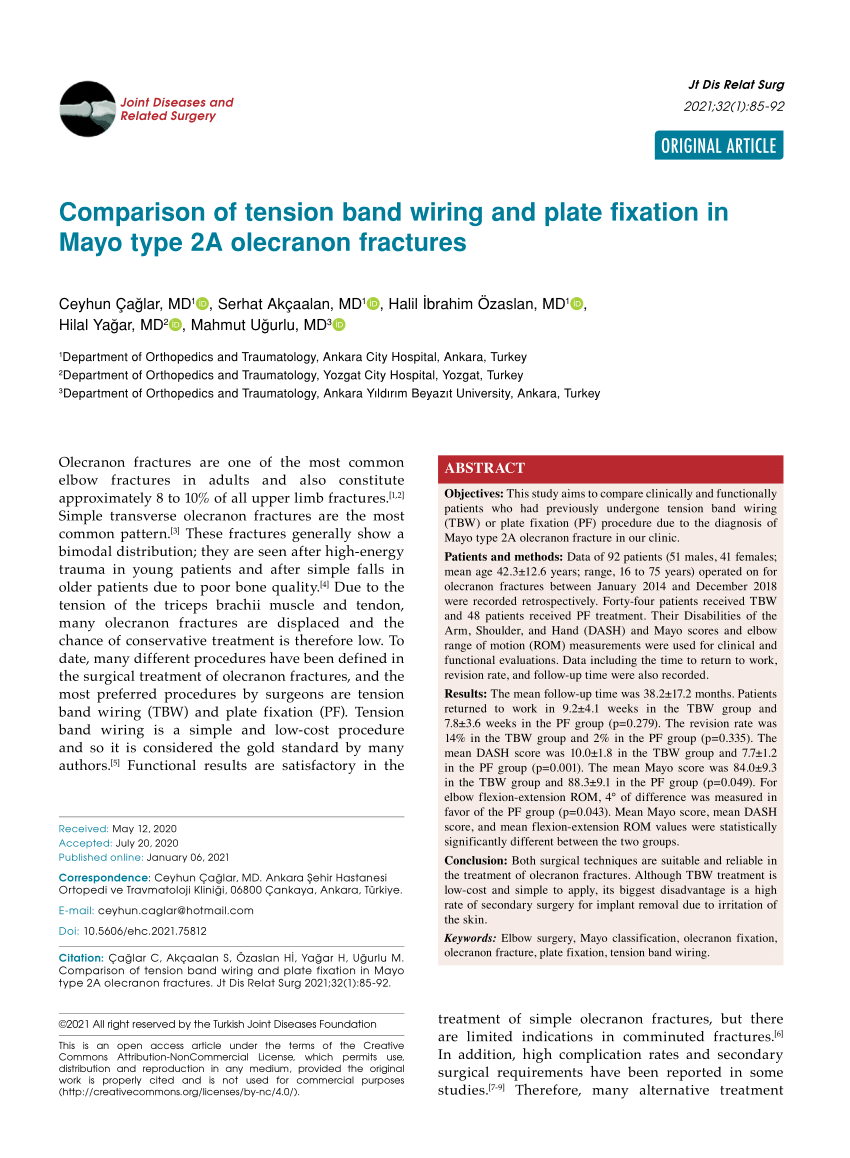 Pdf Comparison Of Tension Band Wiring And Plate Fixation In Mayo Type 2a Olecranon Fractures