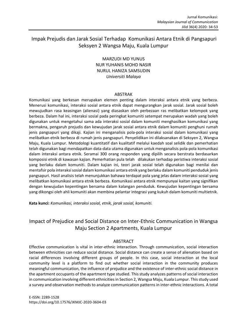 Pdf Impak Prejudis Dan Jarak Sosial Terhadap Komunikasi Antara Etnik Di Pangsapuri Seksyen 2 Wangsa Maju Kuala Lumpur