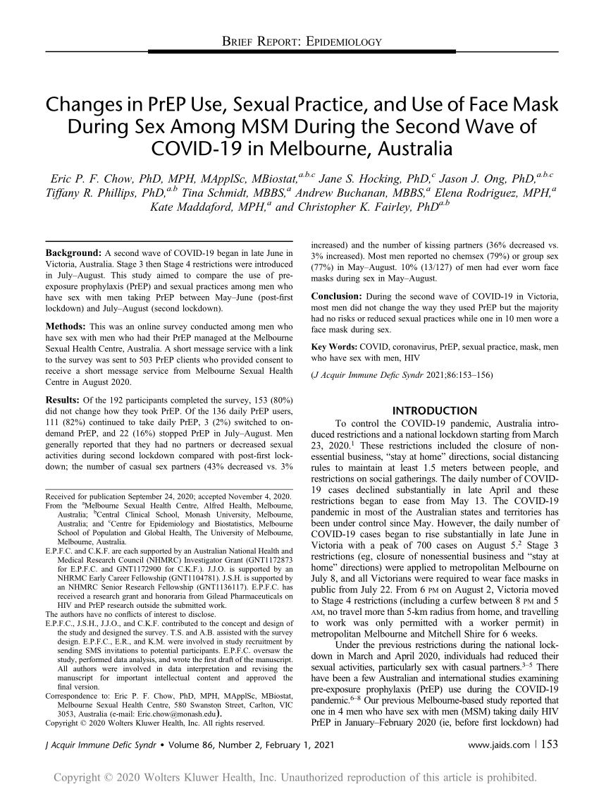 PDF Changes in PrEP Use Sexual Practice and Use of Face Mask